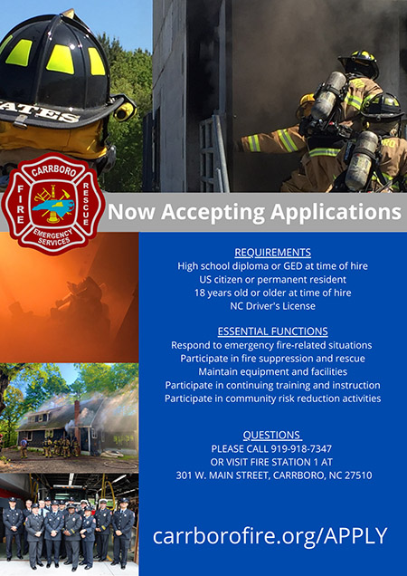 Carrboro Fire and Rescue Hiring Flyer April 2024 - English Fire Recruitment